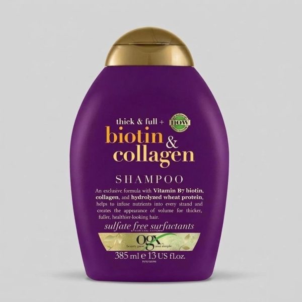 شامپو تقویت‌کننده و ضد ریزش او جی ایکس مدل Biotin & Collagen فاقد سولفات مناسب انواع مو حجم 385 میلی‌لیتر